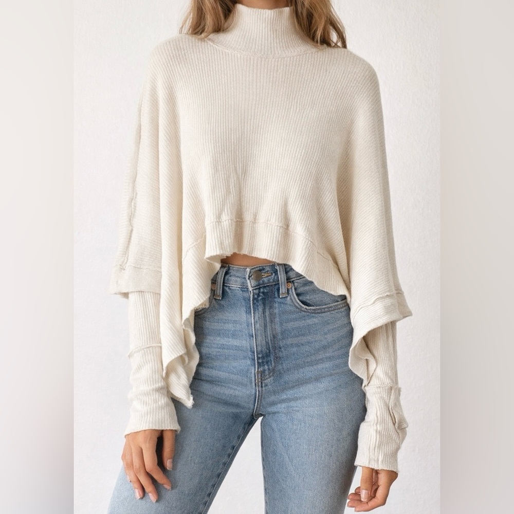 We The Free XS Cream Ribbed Cropped Sweater High Neck Boho Layering Top